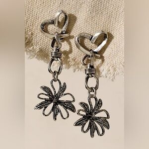 Free People Xavier Dangles Silver Heart Flower earrings NWT